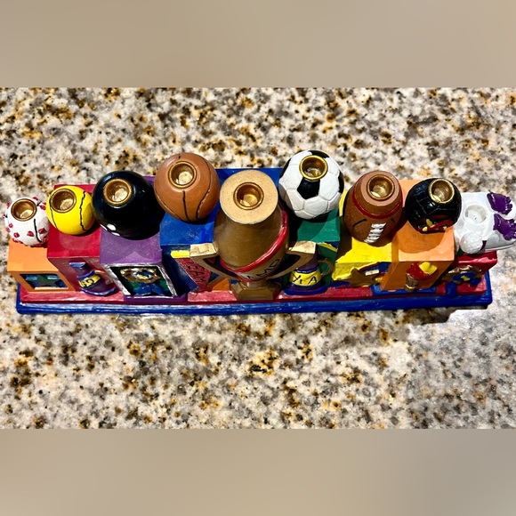 Vintage 1995 Sports Hanukkah Menorah Hand painted 10.5” x 2”x 5” - Picture 6 of 16